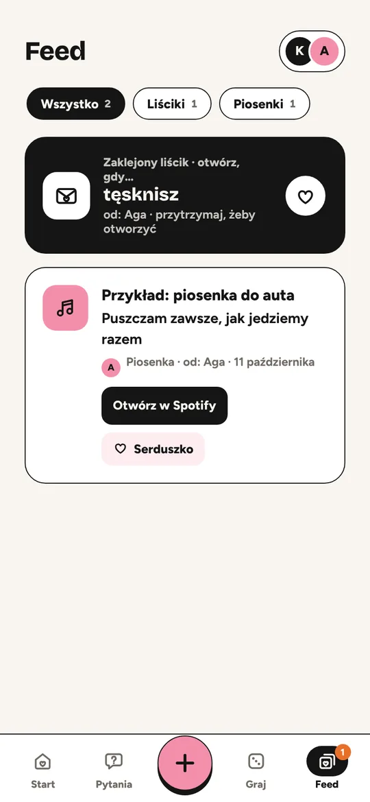 Ekran Feed: zaklejony liścik „otwórz, gdy tęsknisz” i piosenka od drugiej osoby